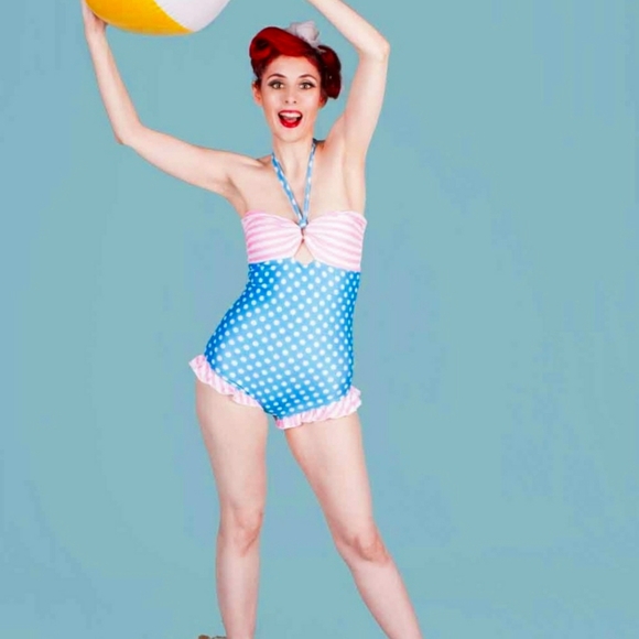 Rare Queen of Heartz pink stripe blue polka dot retro pinup swimsuit size S - Picture 11 of 12